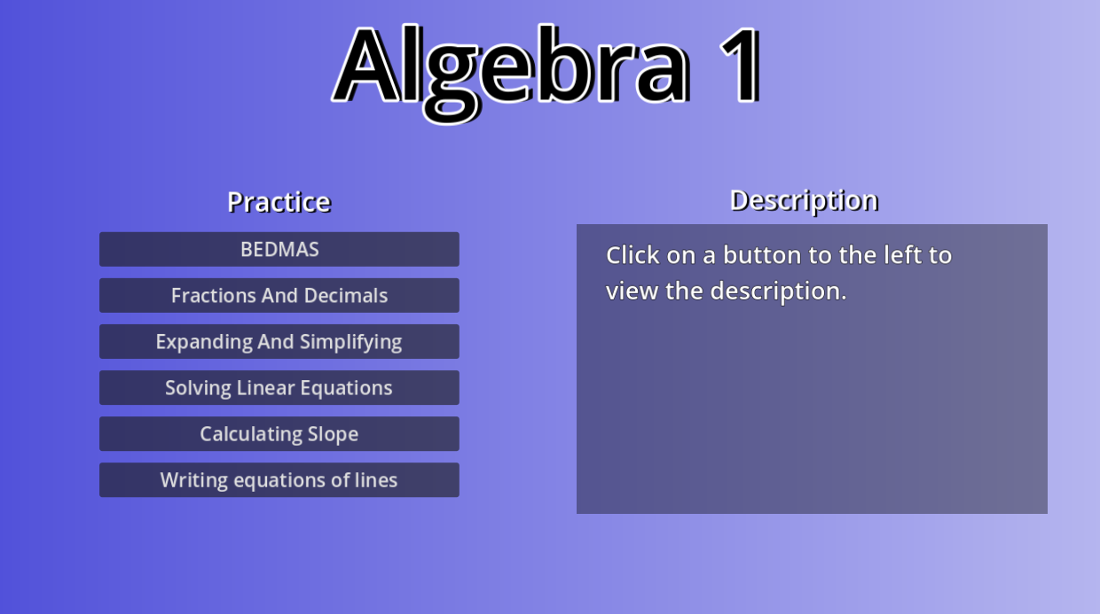 Algebra 1 app interface showing math equations and practice problems